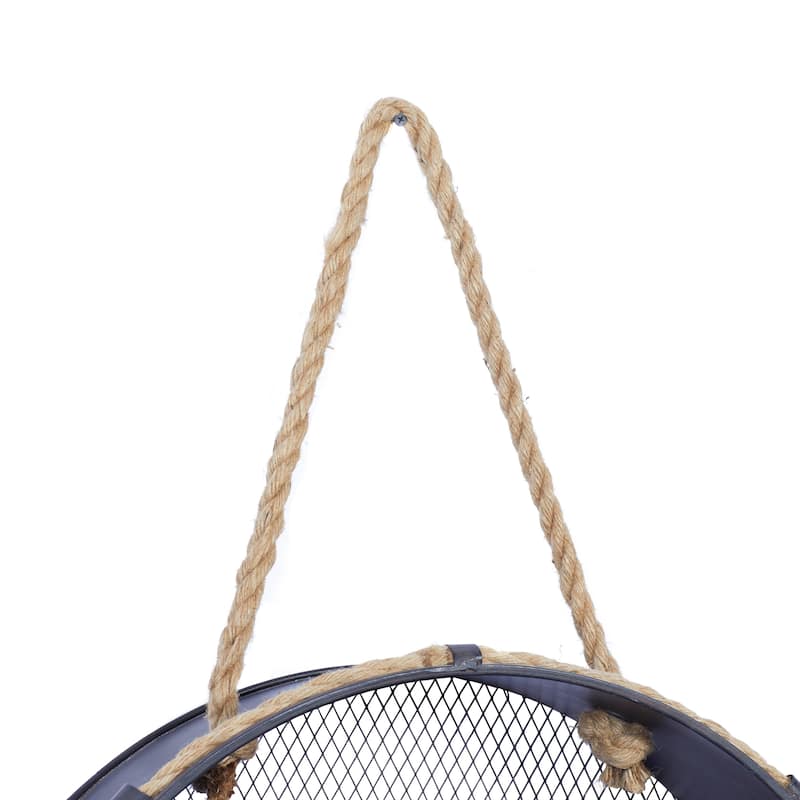 Metal Round 2 Shelves Wall Shelf with Hanging Rope - Black - Roche River Decor - 6"W x 24"L x 24"H