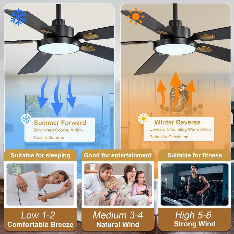 Cusp Barn 52" Black Modern Ceiling Fan with Lights and Remote, Farmhouse Indoor 5-Blade Quiet DC Motor Ceiling Fan for Bedroom