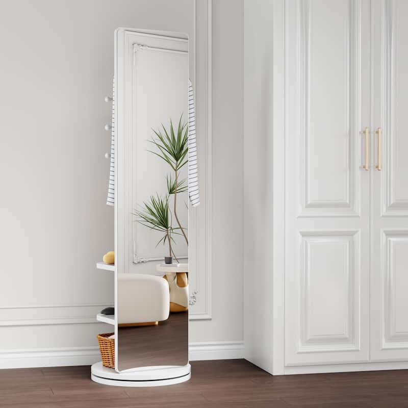 360° Rotating 66"x14" Multifunctional Full Length Mirror with Hook Storage Rack Coat Rack with Mirror Solid Wood Floor Mirror