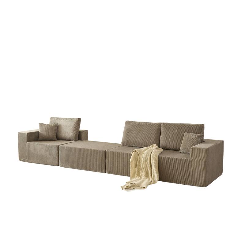 Modular L Shaped Sectional Sofa with Ottoman, Corduroy Boneless Cloud Sofa, 3 Seater Upholstered Sofa with 2 Pillows