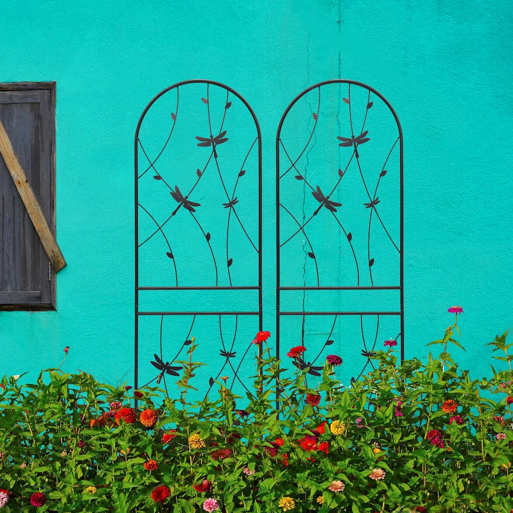 2 Pack Metal Garden Trellis Rustproof Trellis for Climbing Plants Outdoor Flower Support Dragonfly Deco Black