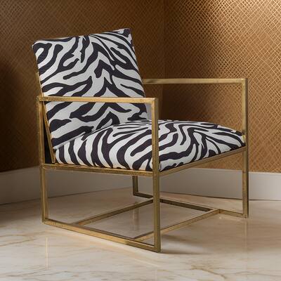 27 Inch Accent Armchair with Zebra Print, Polyester Upholstery, Iron, Gold