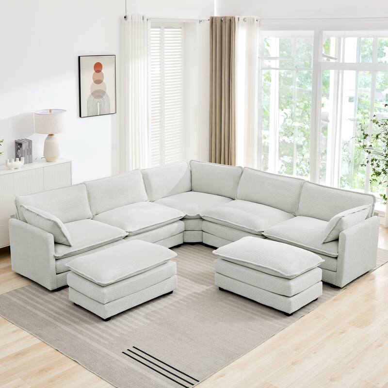 7-Seater Corduroy Sectional Sofa with 2 Removable Ottomans & Corner Seat, Soft & Comfortable - 5 Seats with 2 Ottoman