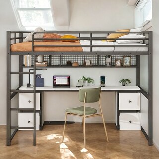 Full Size Metal Loft Bed with Desk, Cabinets, Drawers and socket, Black