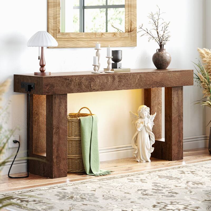 63'' Console Table with Motion Sensor Light and Charging Station, Modern Farmhouse Entryway Table - Dark Oak