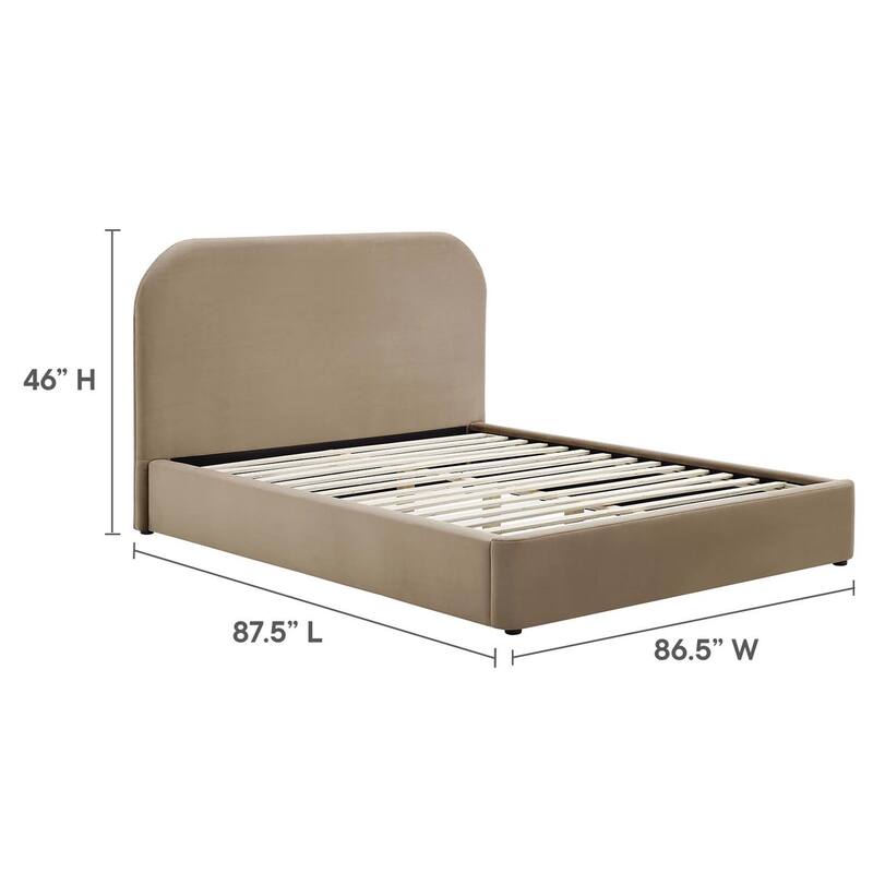 Hillsway Modern Curved Headboard Taupe Velvet Upholstered King Size Platform Bed