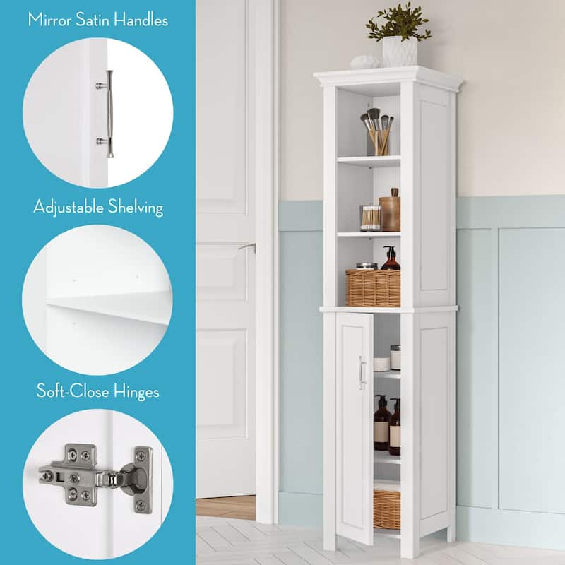 RiverRidge Somerset Single Door Tall Bathroom Cabinet Storage Organizer with an Open and Adjustable Shelves - White