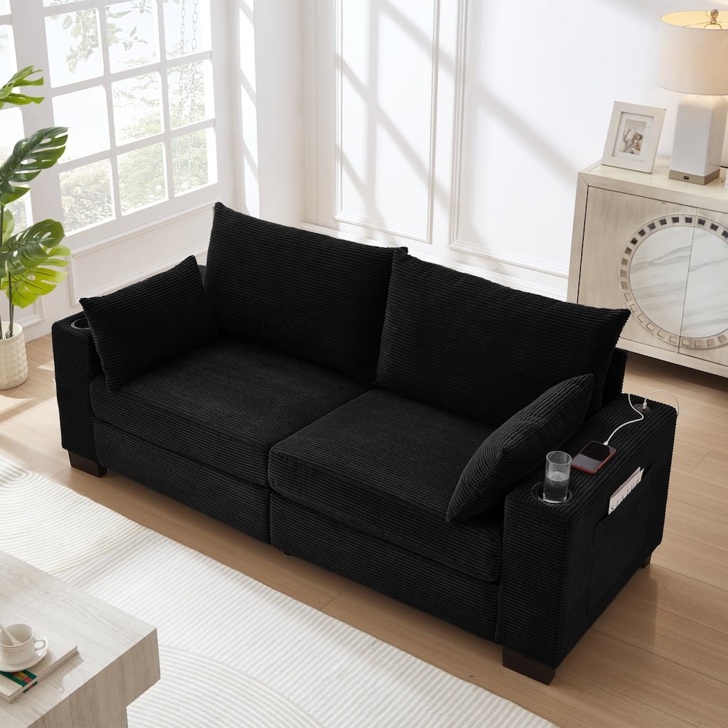 78" Corduroy 3-Seater Sofa with USB Ports, Cup Holders and Side Pockets