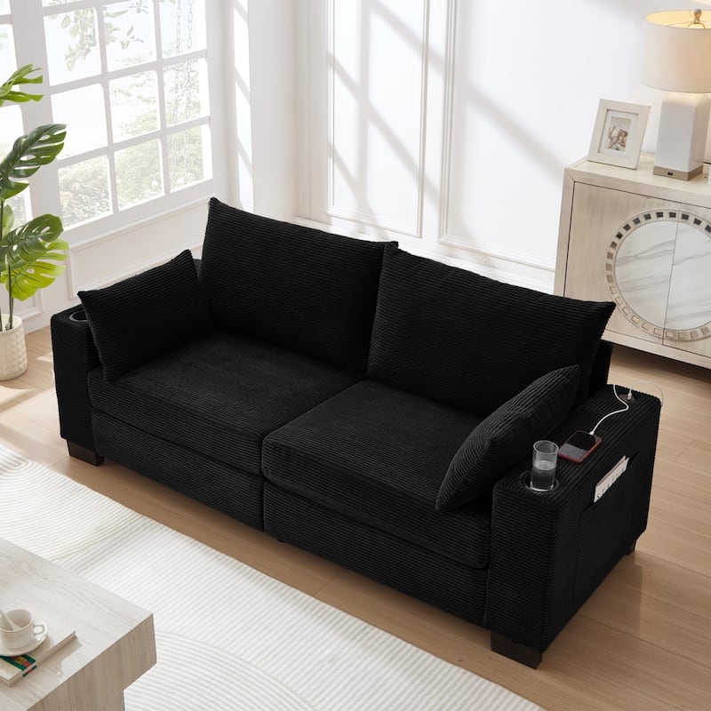 78" Corduroy 3-Seater Sofa with USB Ports, Cup Holders and Side Pockets - Black