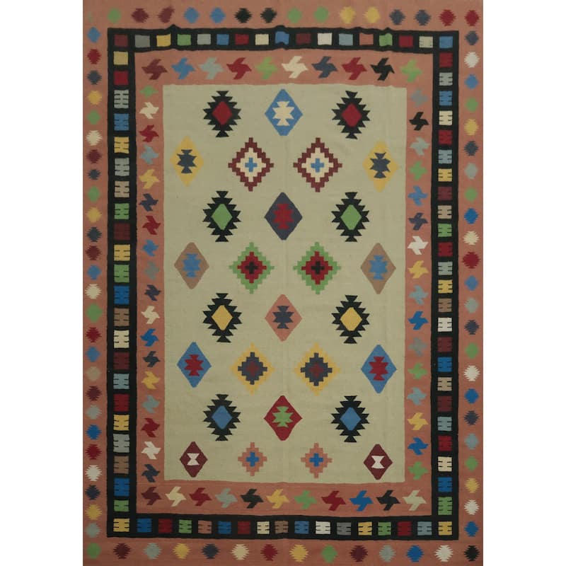 Hand Woven Oriental 100% Wool Carpet Southwestern Modern Green Kilim Area Rug - 10' 6'' X 8' 8''
