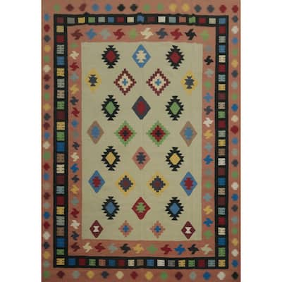 Hand Woven Oriental 100% Wool Carpet Southwestern Modern Green Kilim Area Rug - 10' 6'' X 8' 8''