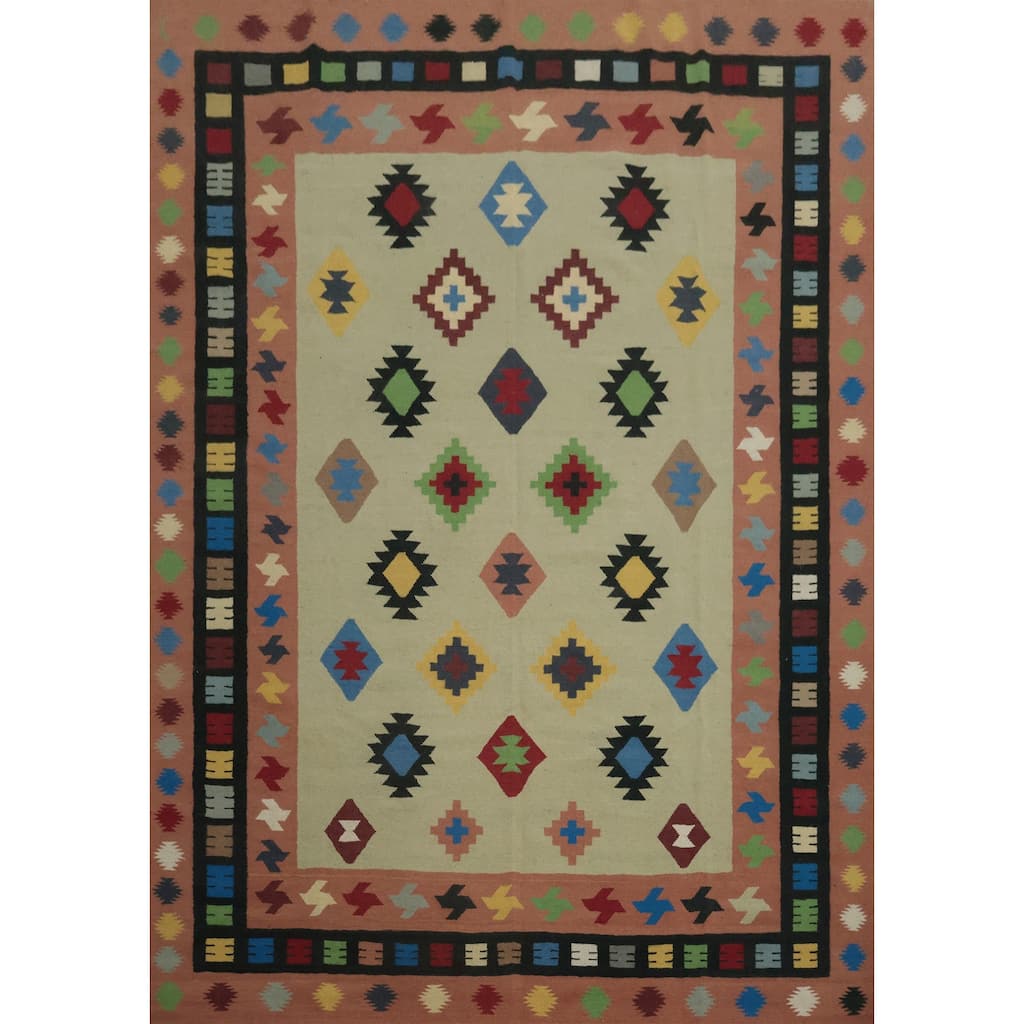 Hand Woven Oriental 100% Wool Carpet Southwestern Modern Green Kilim Area Rug - 10' 6'' X 8' 8''
