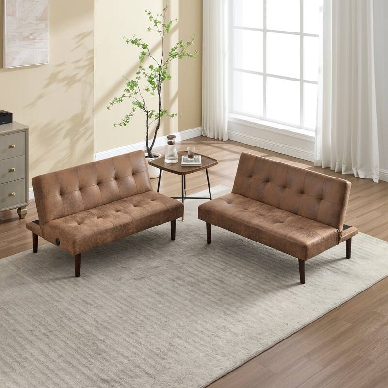 Foldable Sofa Bed with Adjustable Backrest, Charging Port, Coffee Microfiber