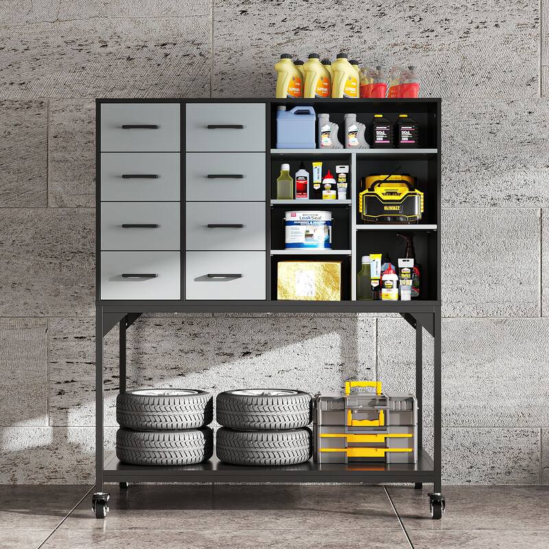 Industrial Metal Storage Cabinet with Pegboard, Adjustable Shelves and Wheels, Garage Tool Organizer with Soft-Close Doors