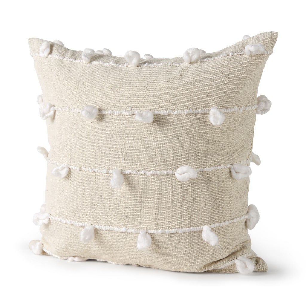 HomeRoots 20" Cream And White Striped Canvas Throw Pillow Cover with Embroidery And Pompoms