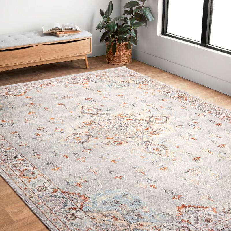 Alexander Home Jennifer Collection Bohemian Border Distressed Area Rug - 11'6" x 15'0" - Grey/ Ivory