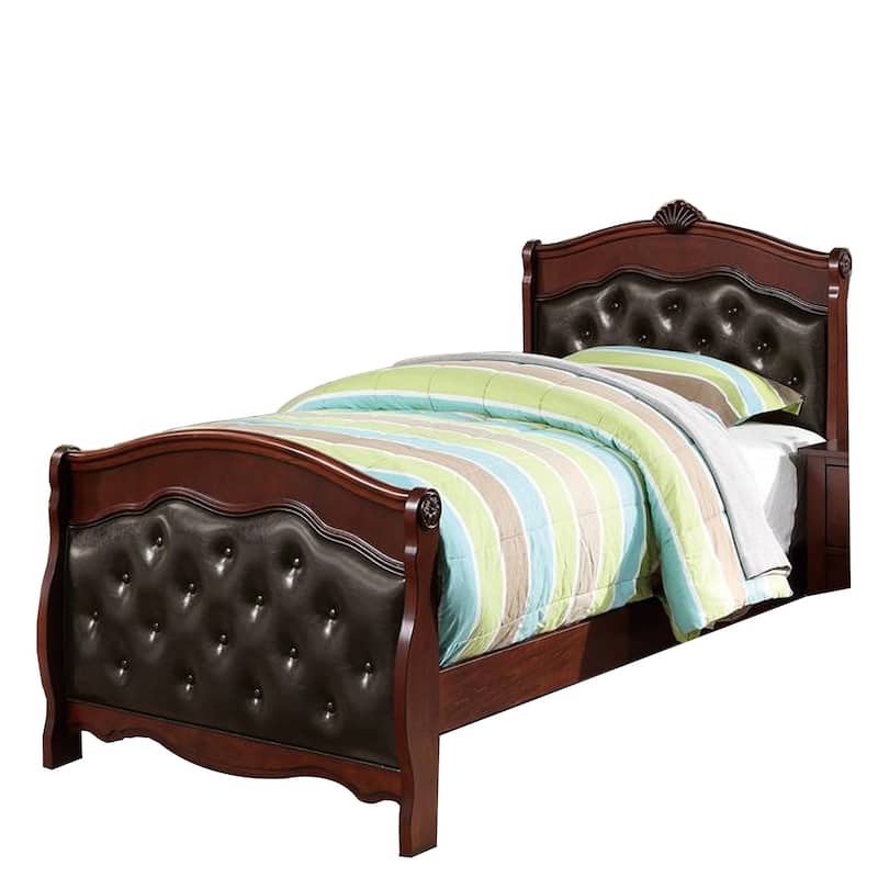 Jeny Twin Bed, Tufted Camelback, Cherry Brown, Faux Leather Upholstery