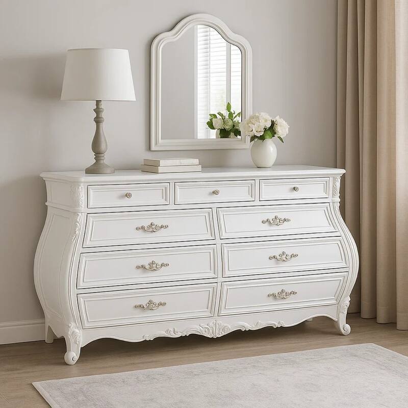 Valena 9 Drawer Wide Dresser, White Solid Wood with Carved Accents