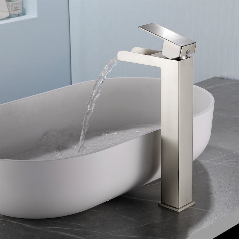 Waterfall Single Handle Bathroom Vessel Sink Faucet with Pop-up Drain 304 Stainless Steel 1 Hole High Tall Basin Vanity Taps