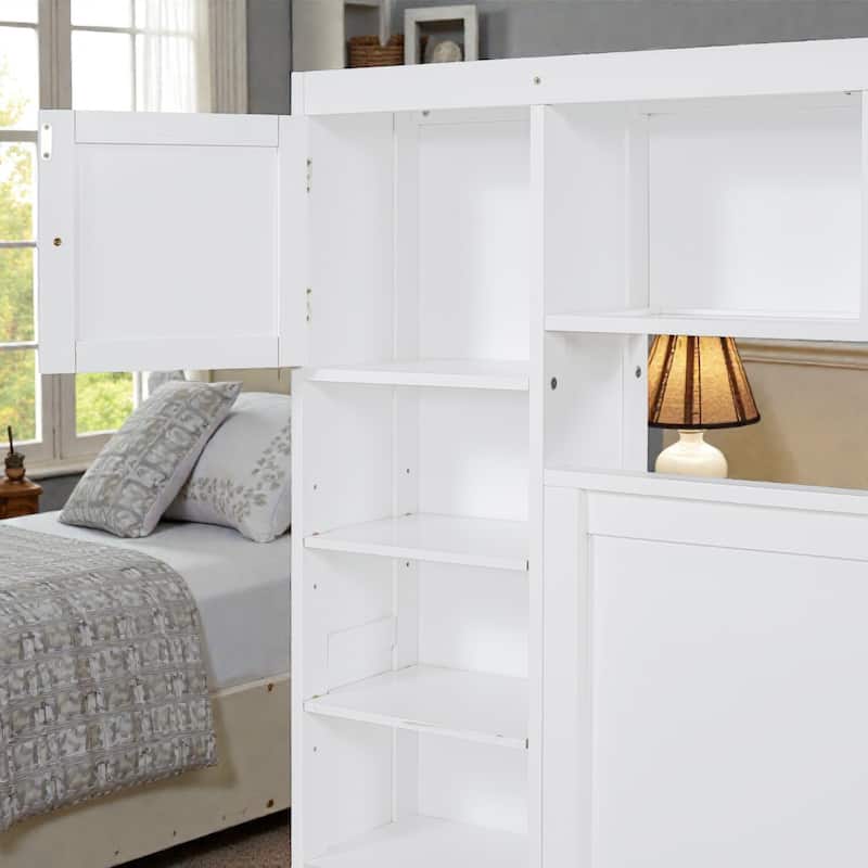 Queen Size Wooden Platform Bed with Storage Drawers, Shelves and Built-In Outlets, All-in-One Headboard Bed