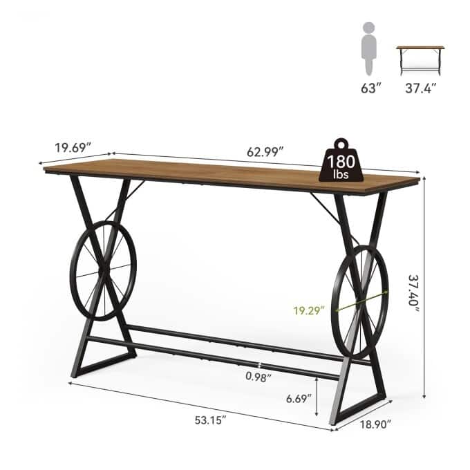 63" Counter Height Bar Table, High Pub Dining Table with Wheel-Design