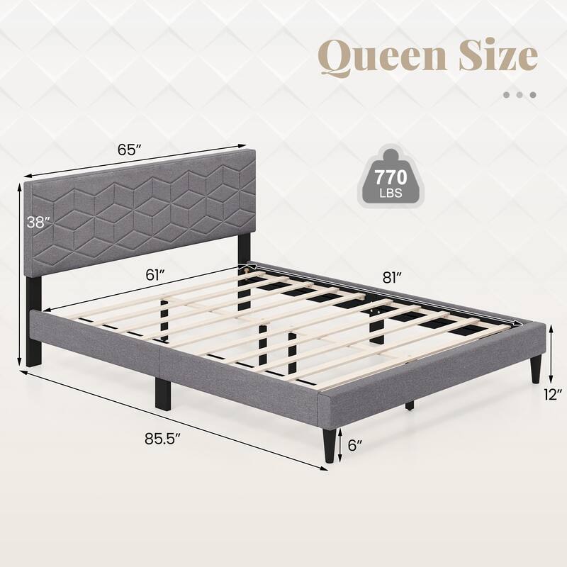Grey Upholstered Bed Frame with Linen Headboard and Low-Profile Design Box-Spring-Free Setup