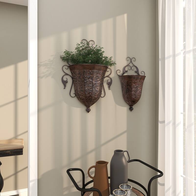 Brown Metal Indoor Outdoor Hanging Vintage Scroll Indoor Outdoor Wall Planter with Vine Accents (Set of 2)