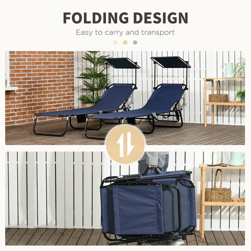 Outdoor Folding Chaise Lounge Pool Chairs with Canopy Shade, Reclining Back, Steel Frame and Side Pocket for Beach, Yard, Patio