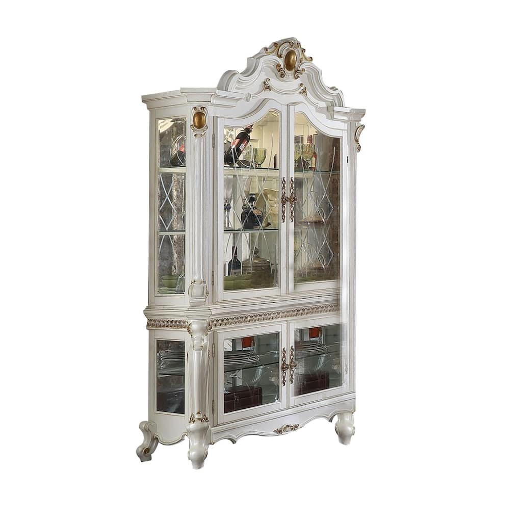 2 Door Curio Cabinet with Crown Top and Scrolled Legs, White