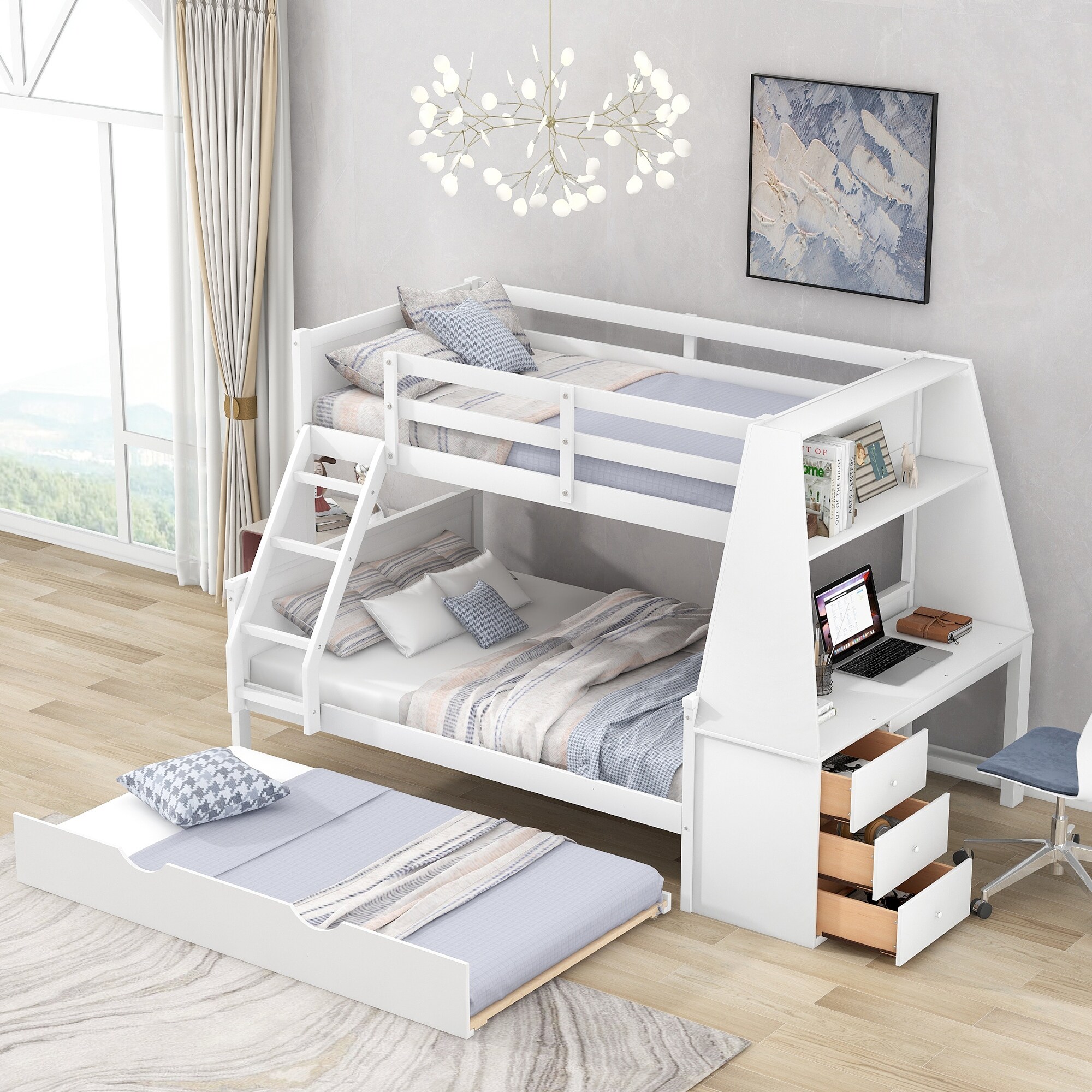 Bunk bed with desk and pull out bed outlet
