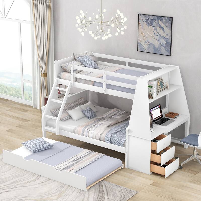 Twin over Full Bunk Bed with Trundle, Built-in Desk, Storage Drawers, and Shelf, White