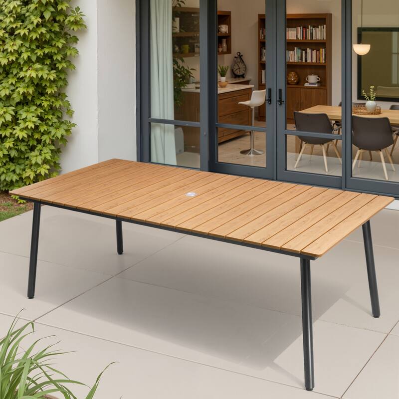 82.7in Outdoor Patio Rectangle Aluminum Wood-Like Dining Table with Umbrella Hole