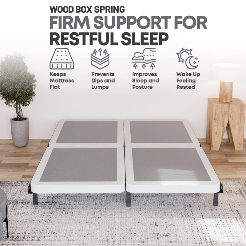 Box Spring Bed Base, 2" Wood Foundation, Quiet Noise Free, 2-Pieces Under Mattress-Support Box Spring, Fully Assembled, White