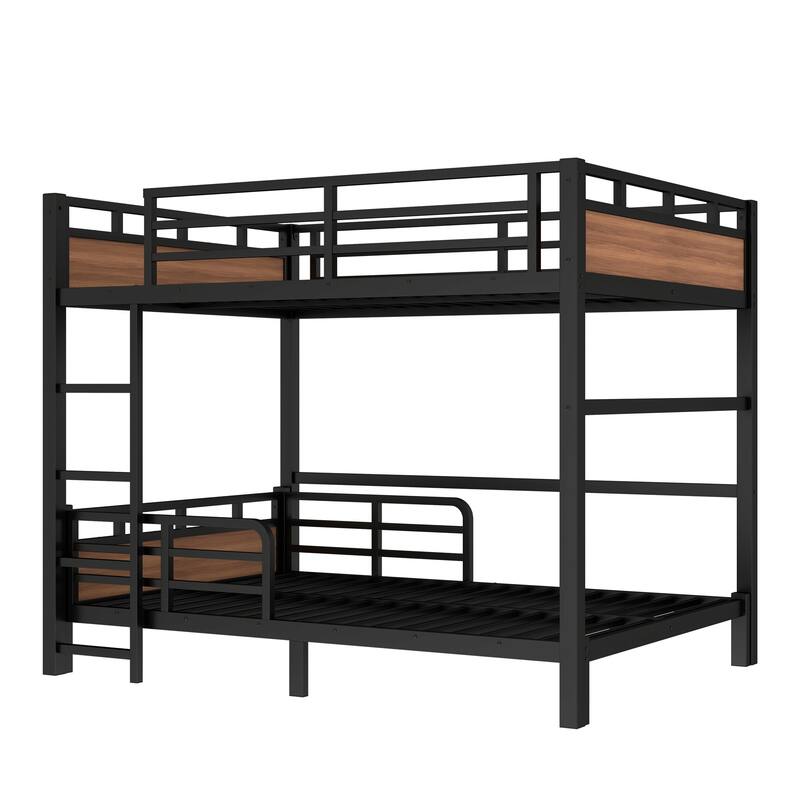 Roomfitters Twin/Full/Queen Metal Bunk Bed & Loft Bed with Raised Safety Fence, Convertible Platform Design, Vintage Wood