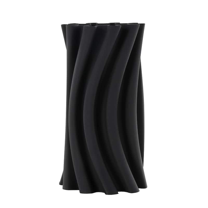 Black Ceramic Curvy Ribbed Abstract Vase with Floral Shaped Rim