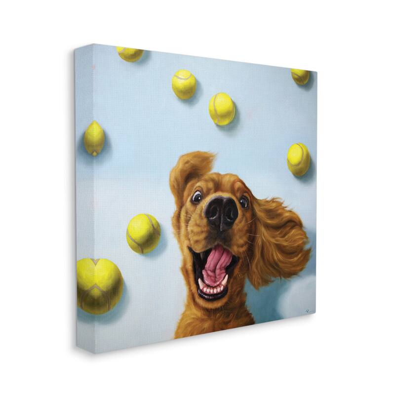 Stupell Happy Smiling Pet Dog with Yellow Tennis Balls Canvas Wall Art - Blue - 24 x 24