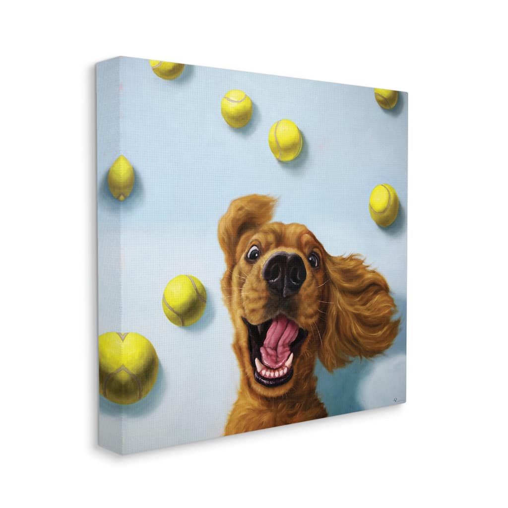 Stupell Happy Smiling Pet Dog with Yellow Tennis Balls Canvas Wall Art - Blue