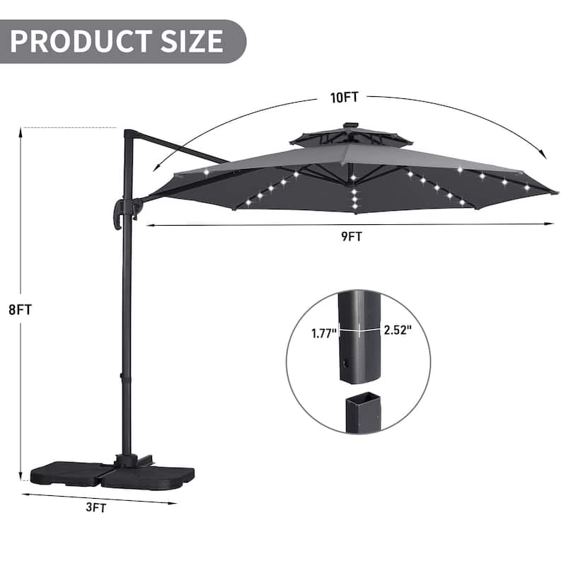 Autlaycil 10FT Cantilever Patio Umbrella with Solar Lights Included Base 360 Rotation Large Offset Hanging Outdoor Shade