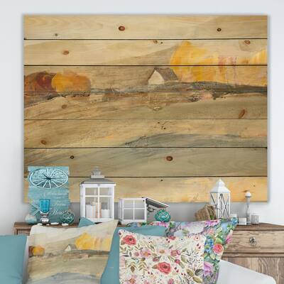 Designart 'Orange Brown Farm House' Modern Farmhouse Print on Natural Pine Wood - Grey
