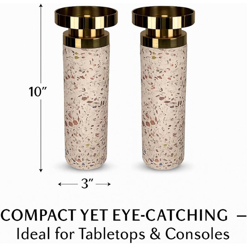 Pink Tall Cement Candlestick Set of Two with Gold Trim and Splattering