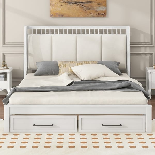 slide 2 of 12, Queen Platform Kids Bed Frame with Upholstered Headboard & Drawers, Antique White White - Queen