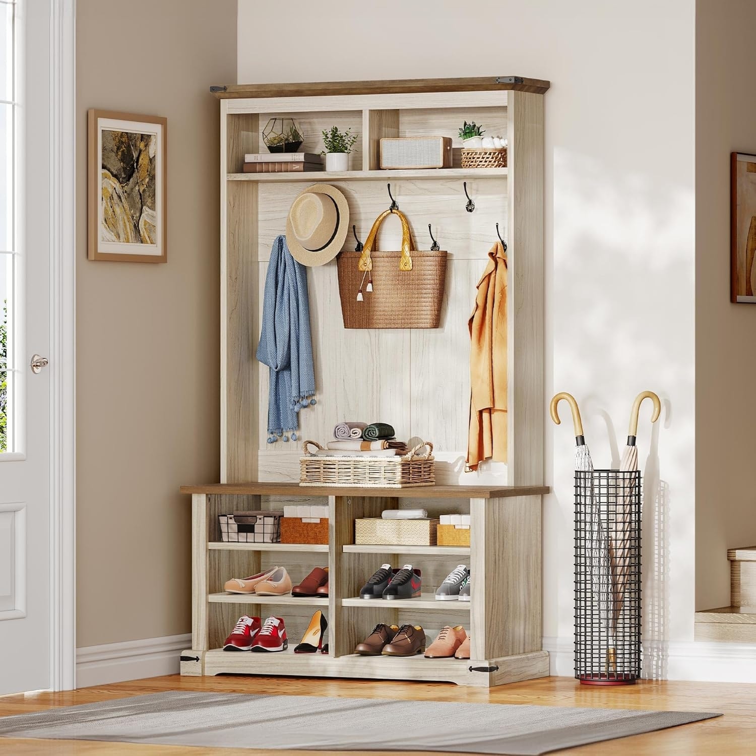 Moasis Hall Tree with Shoe Bench, Coat Rack Organizer for Entryway