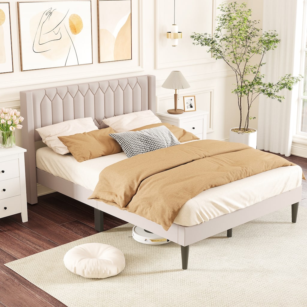 Gymax Queen Size Bed Frame Dutch Velvet / Linen Fabric Upholstered