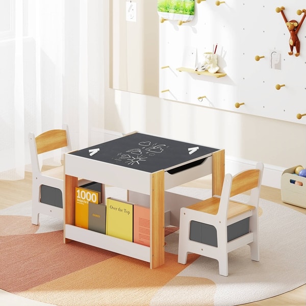 slide 2 of 7, Kids' Table & Chairs 4-in-1 Wooden Activity Set w/2-Layer Bookshelf