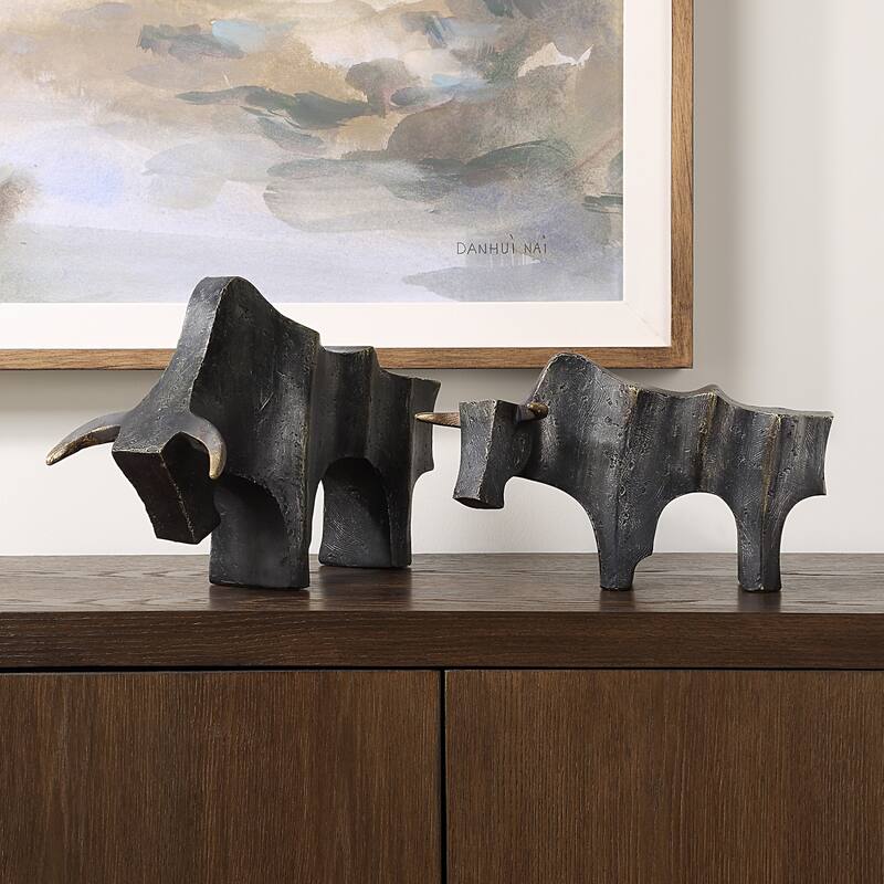 Regal Bull Sculptures - 15" - Bronze Finish - Set of 2