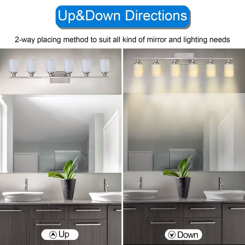 6-Light Bathroom Light Fixtures Brushed Brass 6-Light Bathroom Vanity Light, Bathroom Lights Over Mirror with Milky Glass Shade