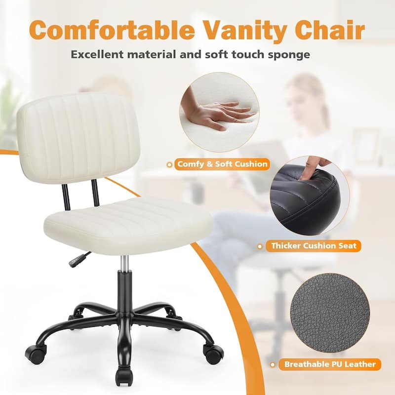 Small Office Computer Desk Chair with Wheels and Lumbar Support, Comfy Cute Armlees PU Leather Vanity Rolling Swuvel Task Chair