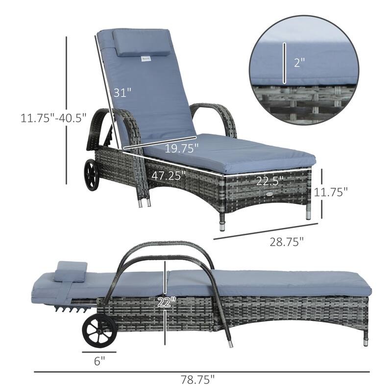 Outsunny Wicker Outdoor Chaise Lounge, 5-Level Adjustable Backrest Pe Rattan Pool Lounge Chair With Wheels, Cushion & Headrest