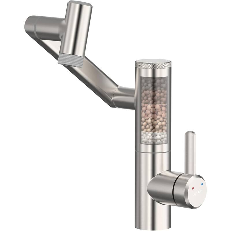 Lefton Rotatable Single Hole Bathroom Sink Faucet with Built-in Filter, Temperature Display in Fahrenheit, 2 Water Modes - Brushed Nickel