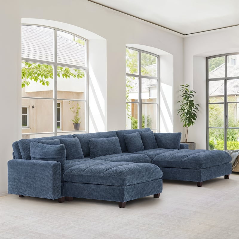 128.4 Inch Chenier Combination Sofa (With Pillow And Ottoman) - 128.4"W X 44.1"D X 33.9"H - Dark blue